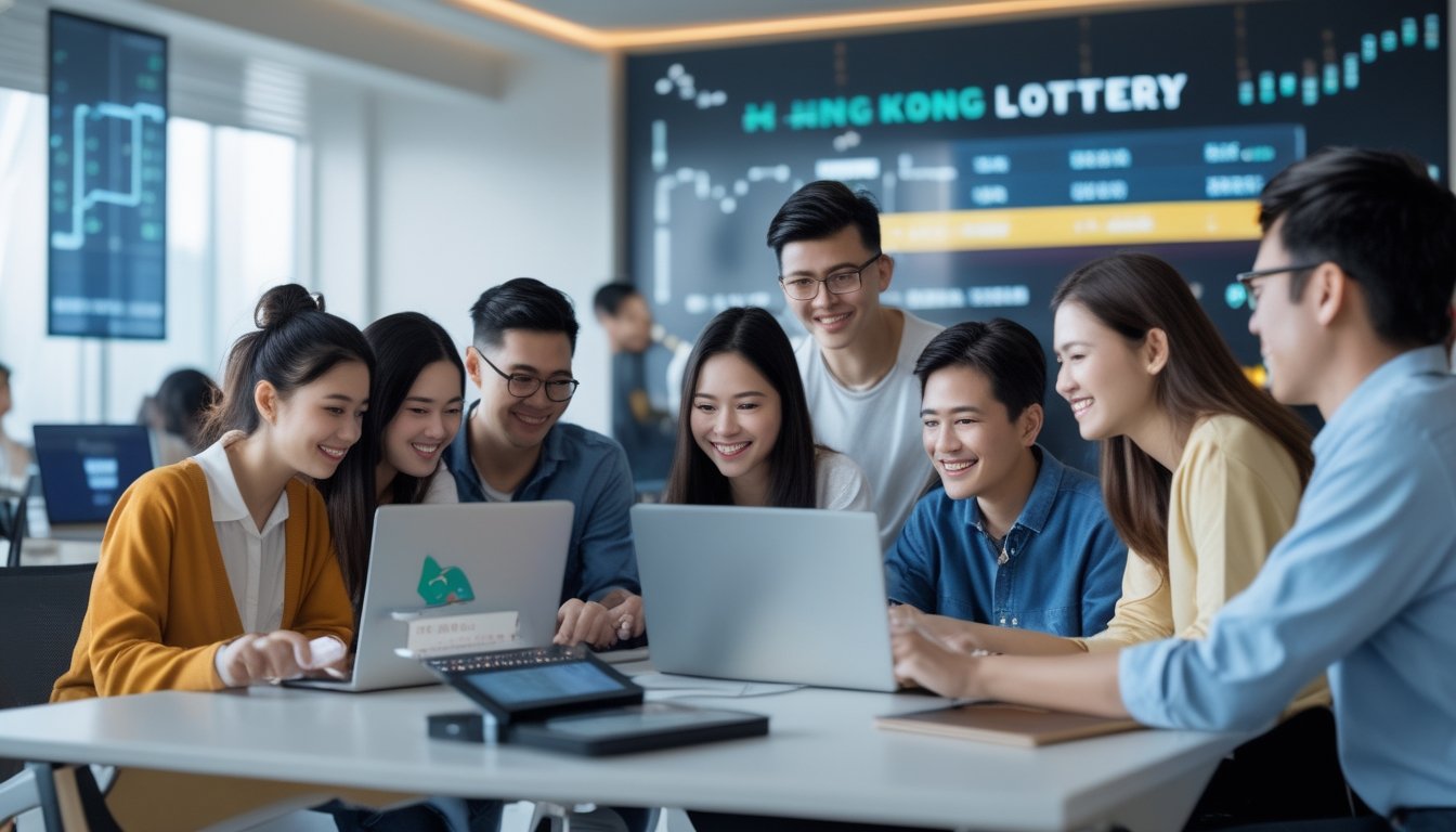 Sekelompok orang muda menggunakan laptop dan ponsel di ruang kerja modern, terlihat fokus dan antusias saat mengakses situs togel online.