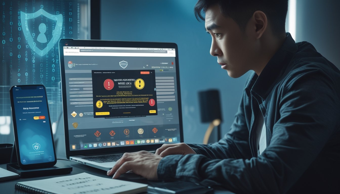 Seseorang duduk di depan laptop dengan ekspresi khawatir, melihat layar yang menunjukkan tanda peringatan terkait situs togel Hong Kong yang tidak dapat dipercaya.
