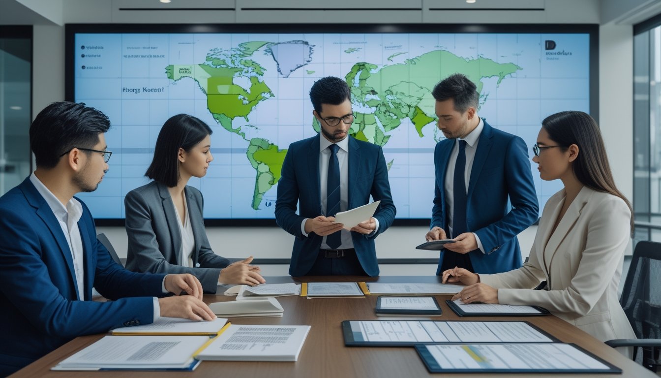 Sekelompok profesional bisnis berdiskusi serius di ruang kantor modern dengan peta dunia di layar digital yang menampilkan berbagai wilayah hukum.