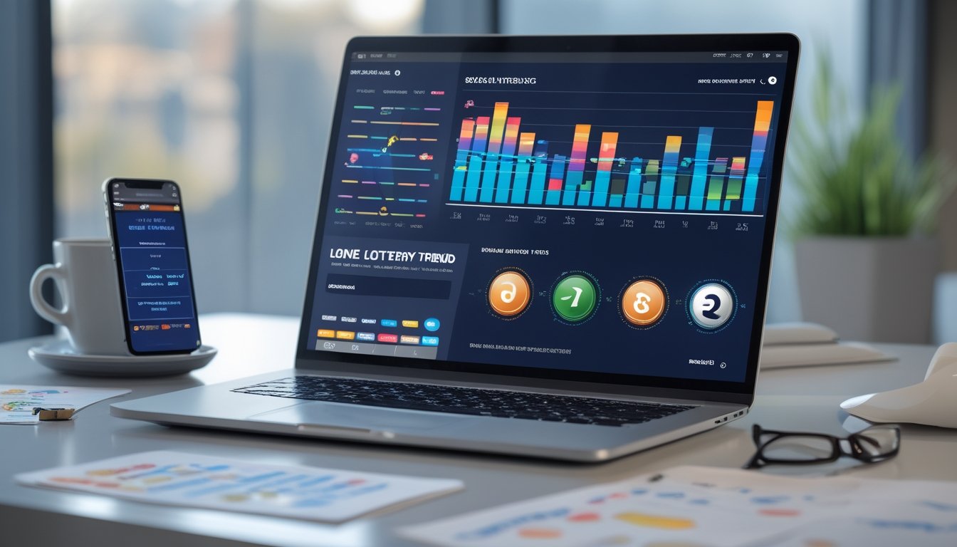 Meja kerja modern dengan laptop menampilkan grafik tren pencarian dan smartphone dengan tampilan situs togel, di lingkungan kantor yang terang.