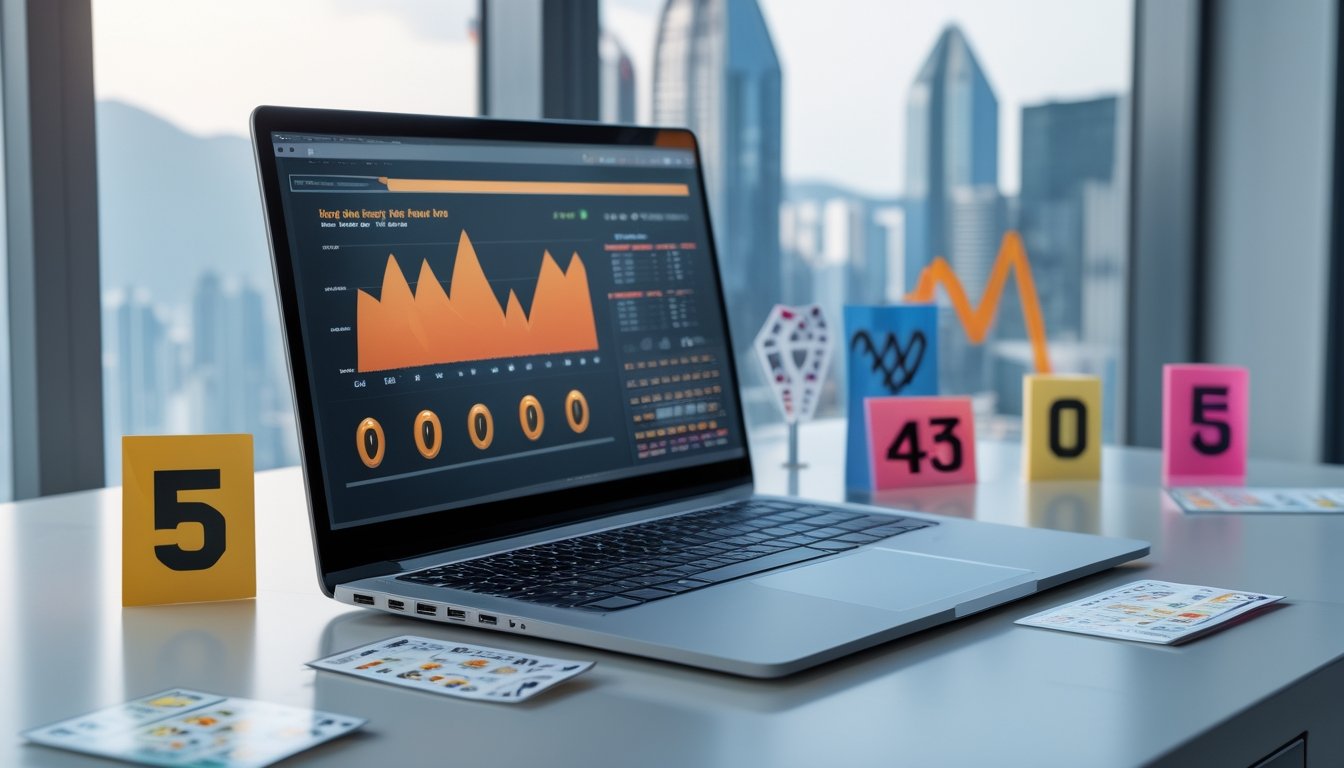 Seorang profesional menggunakan laptop di meja kerja dengan grafik dan angka yang menunjukkan tren pencarian online terkait togel Hong Kong.