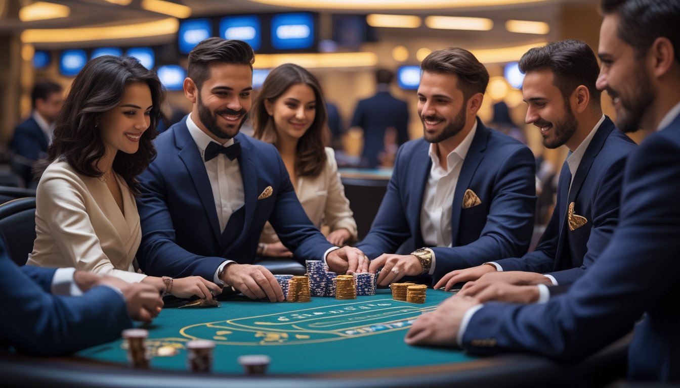 Sejumlah pemain dan dealer sedang bermain Casino Hold’em di meja kasino yang mewah dan interaktif.