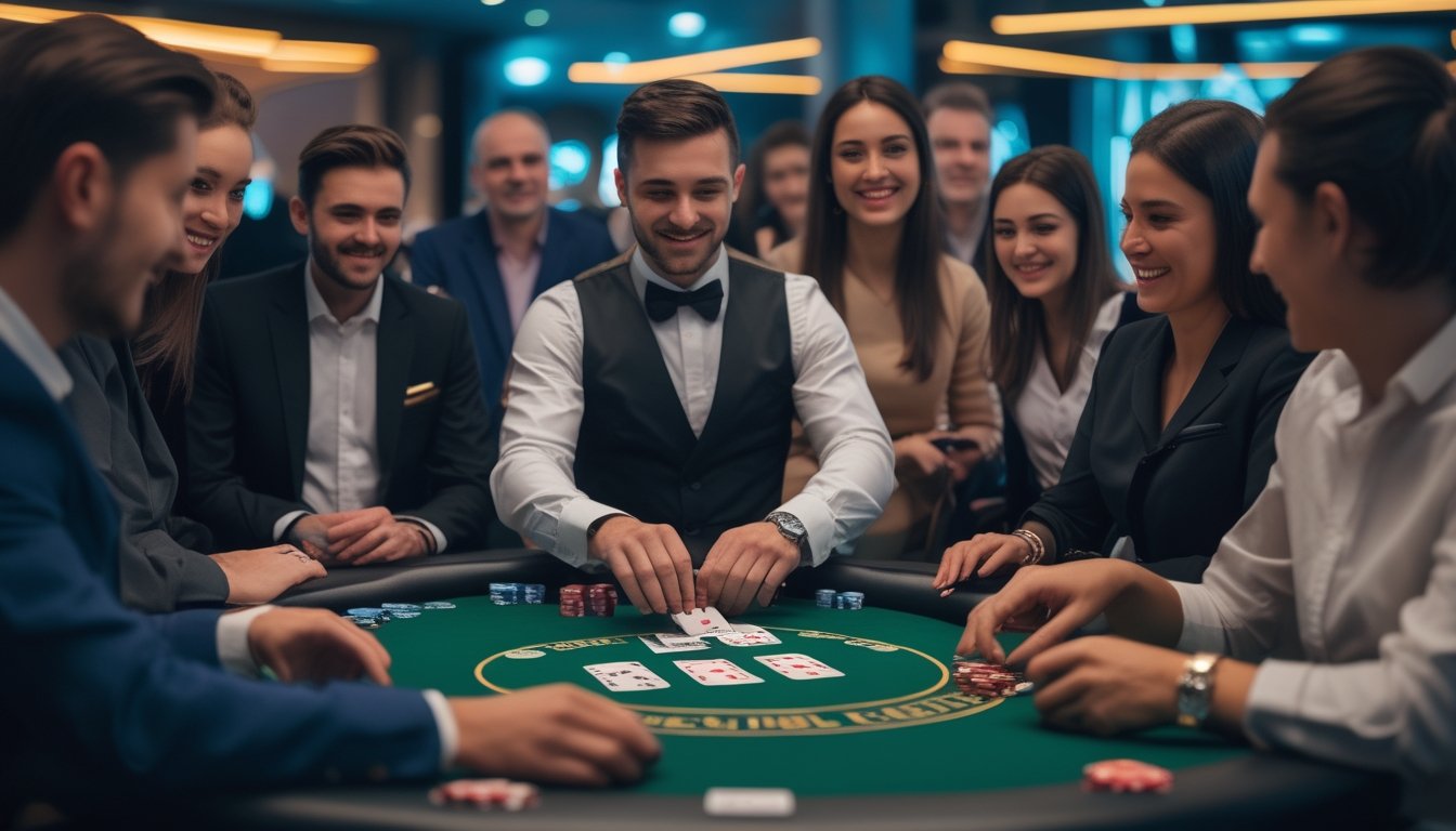 Seorang dealer dan beberapa pemain duduk di meja Casino Hold'em di kasino dengan suasana yang hidup dan interaktif.