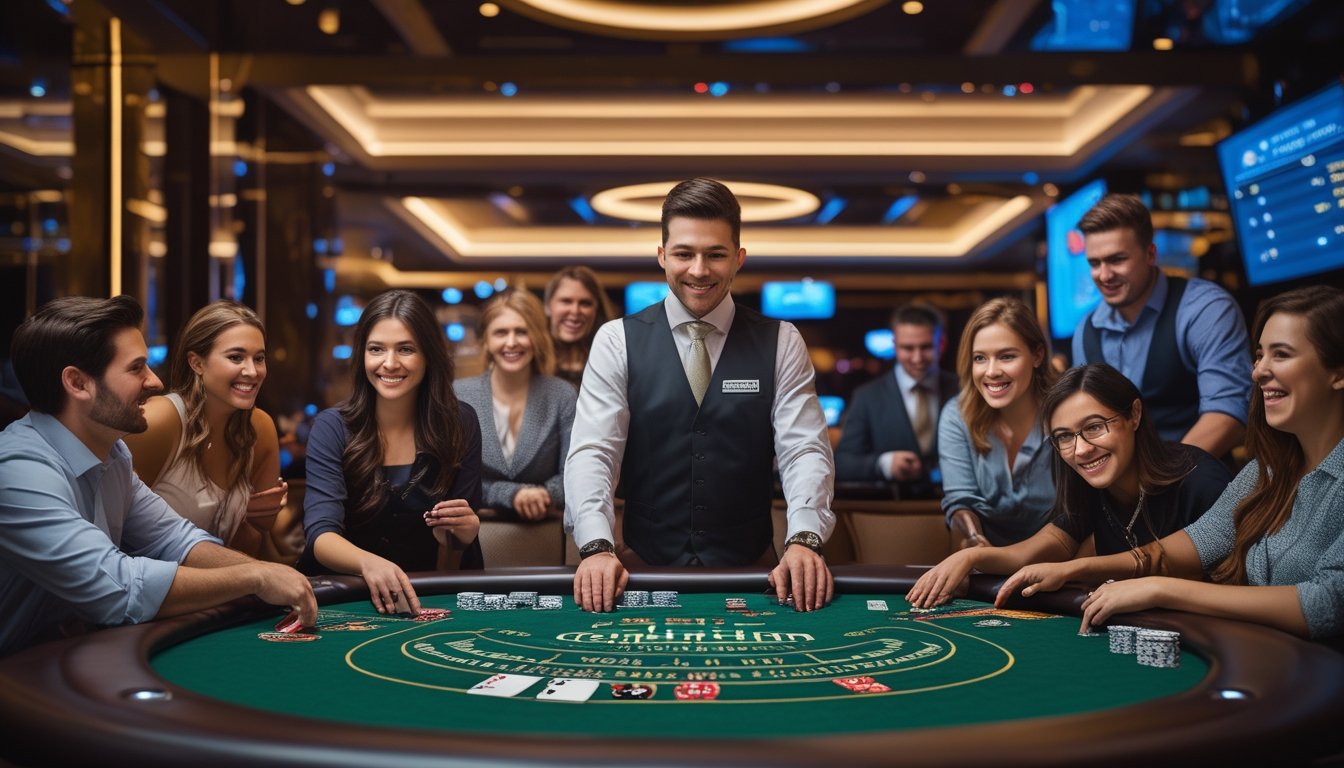 Seorang dealer berjubah resmi berdiri di meja poker hijau dengan kartu dan chip, dikelilingi oleh pemain yang fokus dan antusias dalam suasana kasino mewah.