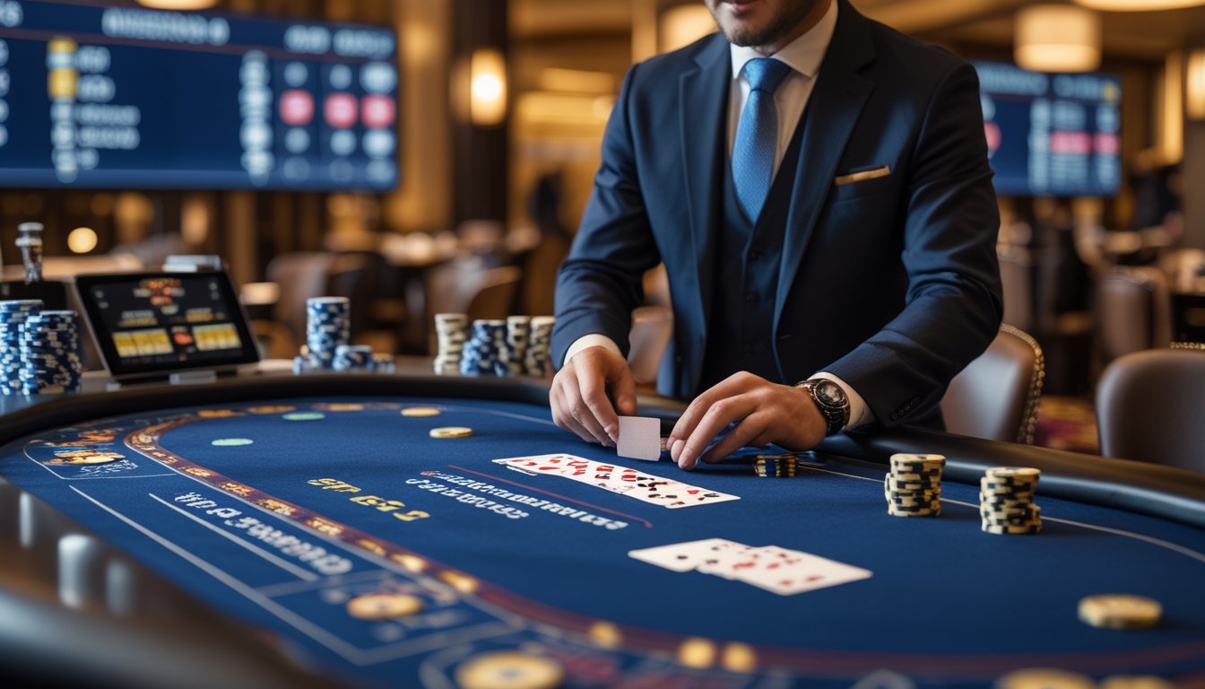 Seorang dealer kasino profesional sedang membagikan kartu di meja Casino Hold’em dengan tumpukan chip dan layar digital di latar belakang.