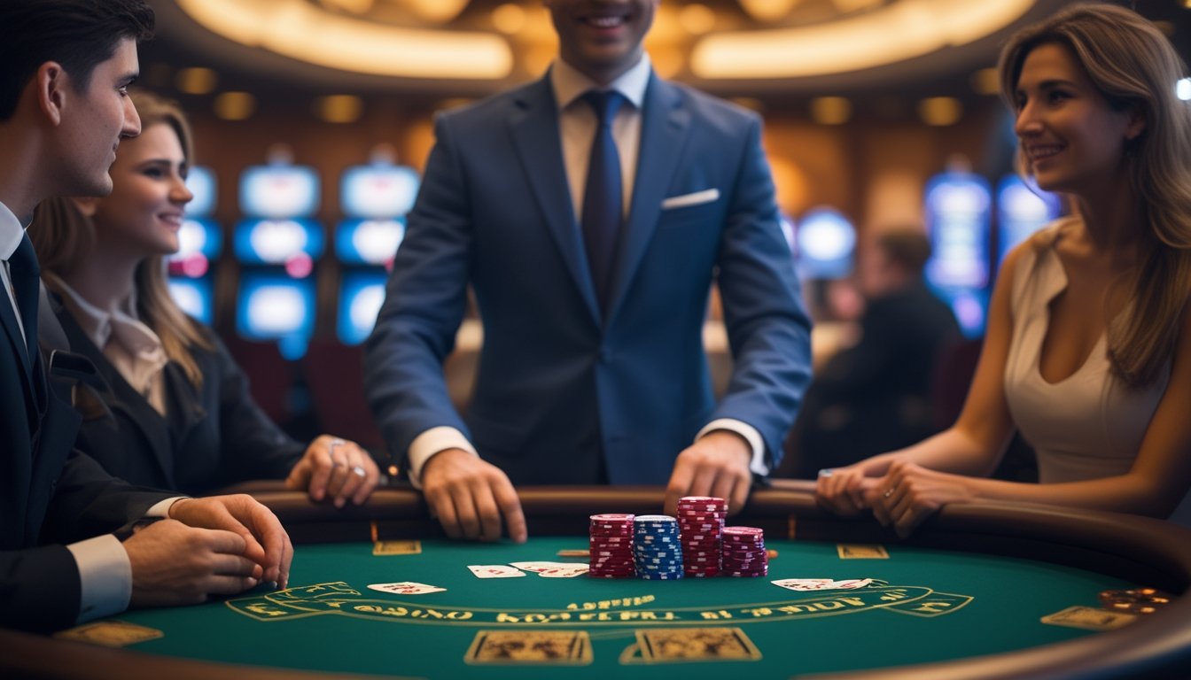 Seorang dealer profesional melayani pemain di meja Casino Hold’em di kasino yang ramai dan elegan.