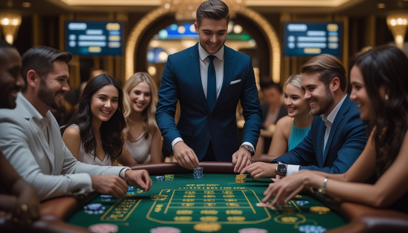 Seorang dealer dan beberapa pemain sedang bermain Casino Hold’em di meja kasino dengan suasana mewah dan pencahayaan hangat.