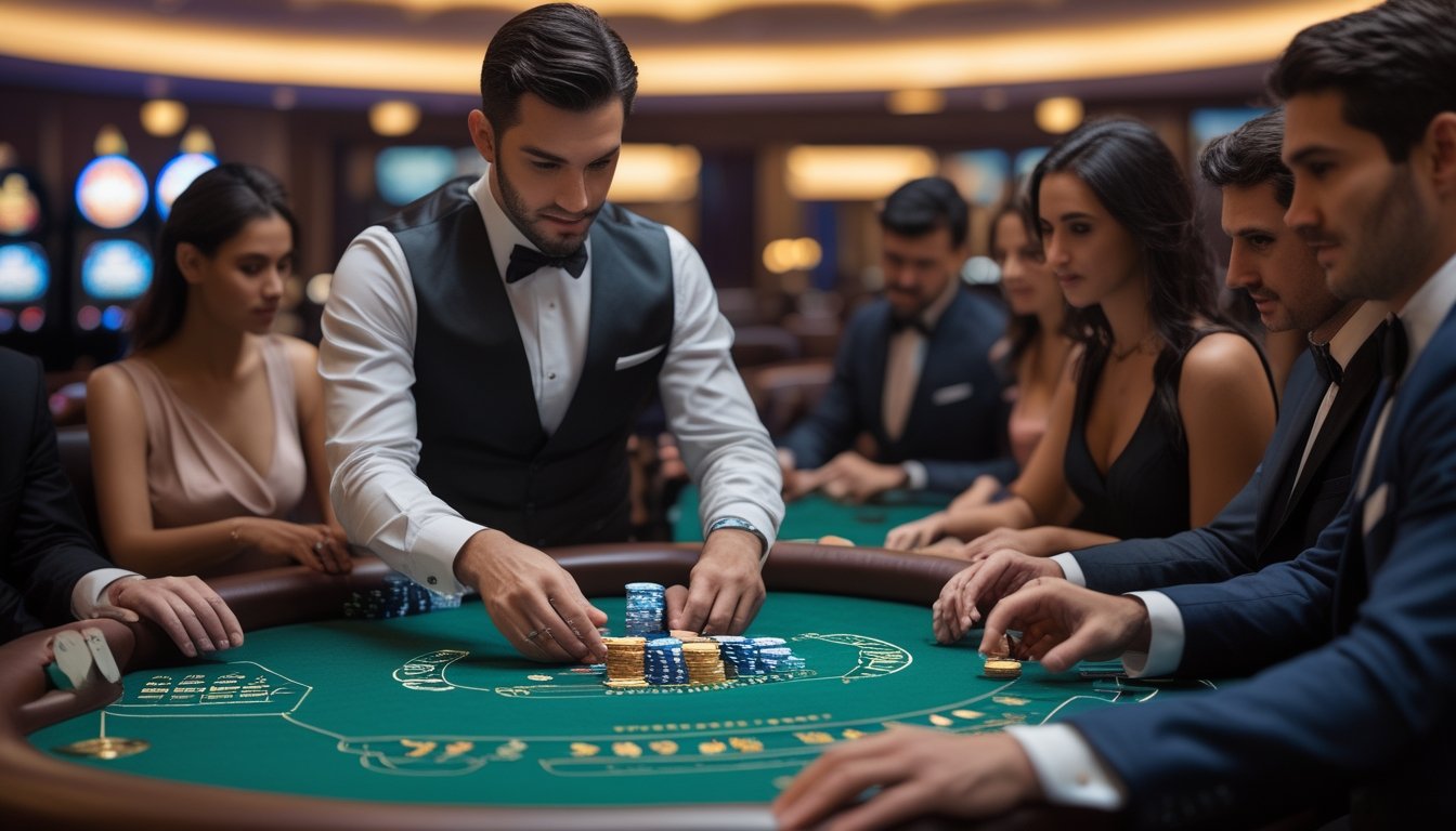 Seorang dealer pria yang mengenakan pakaian rapi sedang mengelola meja Casino Hold'em dengan pemain yang fokus di sekitarnya dalam suasana kasino yang mewah.