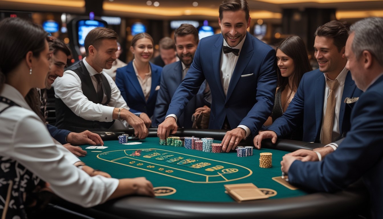 Meja Casino Hold’em dengan pemain dan dealer profesional di dalam kasino mewah.