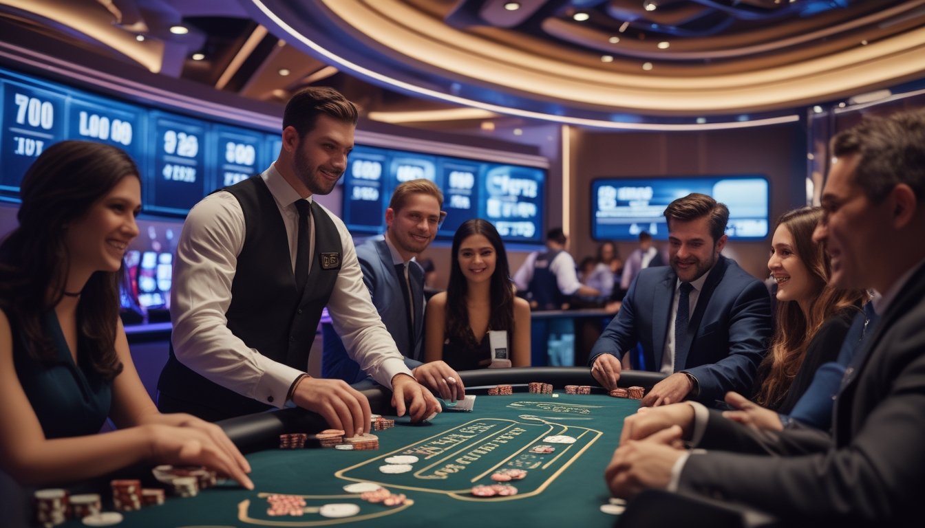 Seorang dealer dan beberapa pemain sedang bermain Casino Hold’em secara langsung di meja poker di kasino yang modern dan terang.