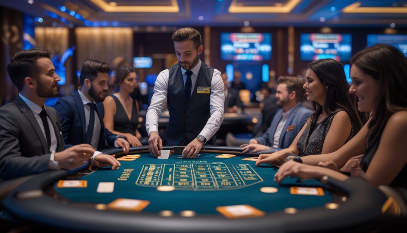 Suasana meja kasino live Casino Hold’em dengan dealer dan pemain yang fokus bermain kartu.