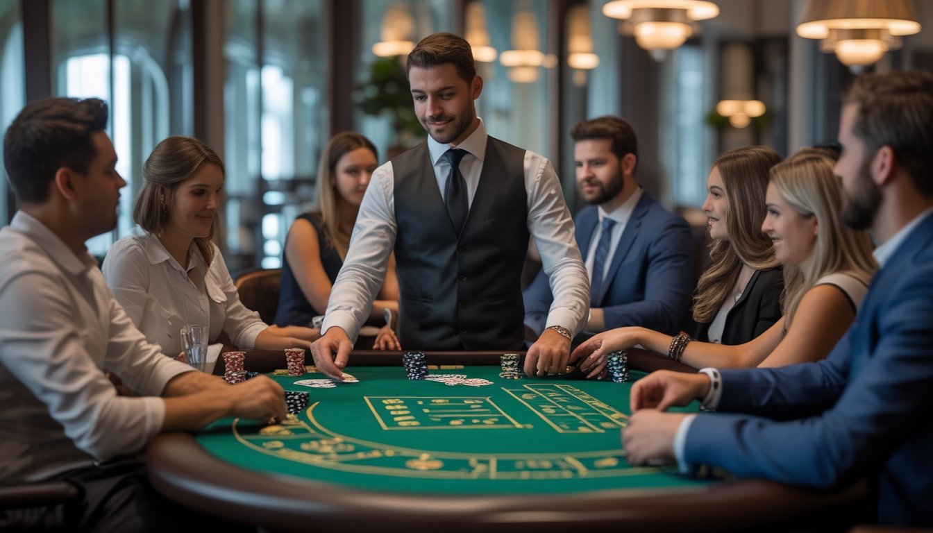 Seorang dealer dan beberapa pemain duduk di meja kasino, bermain Casino Hold’em dengan suasana nyaman dan elegan.