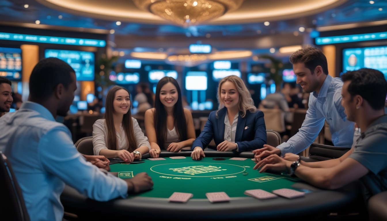 Seorang dealer dan beberapa pemain duduk di meja poker di kasino live yang modern dan nyaman.