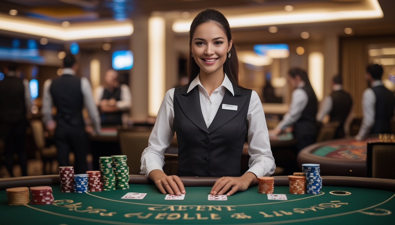 Seorang dealer profesional tersenyum di meja permainan Casino Hold’em di kasino dengan suasana mewah.