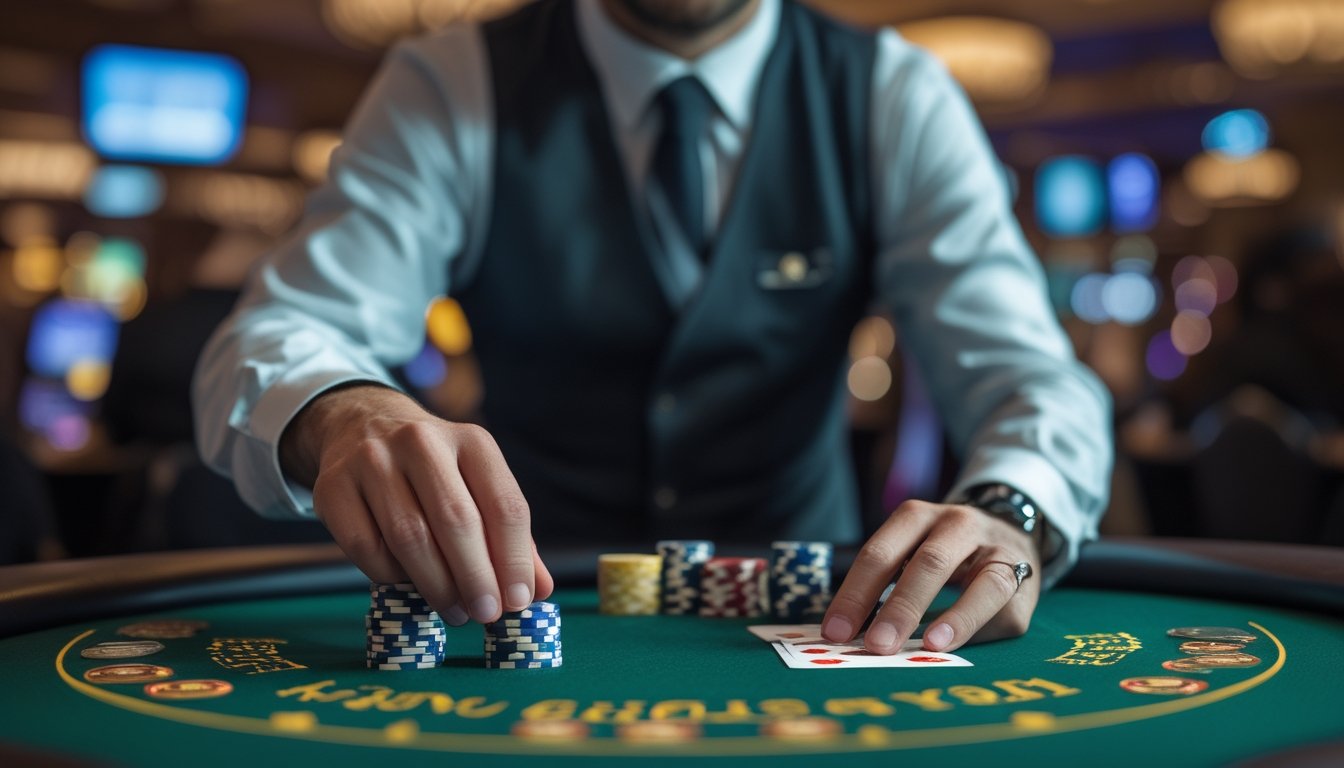 Seorang dealer profesional sedang membagikan kartu di meja Casino Hold’em di kasino yang elegan.