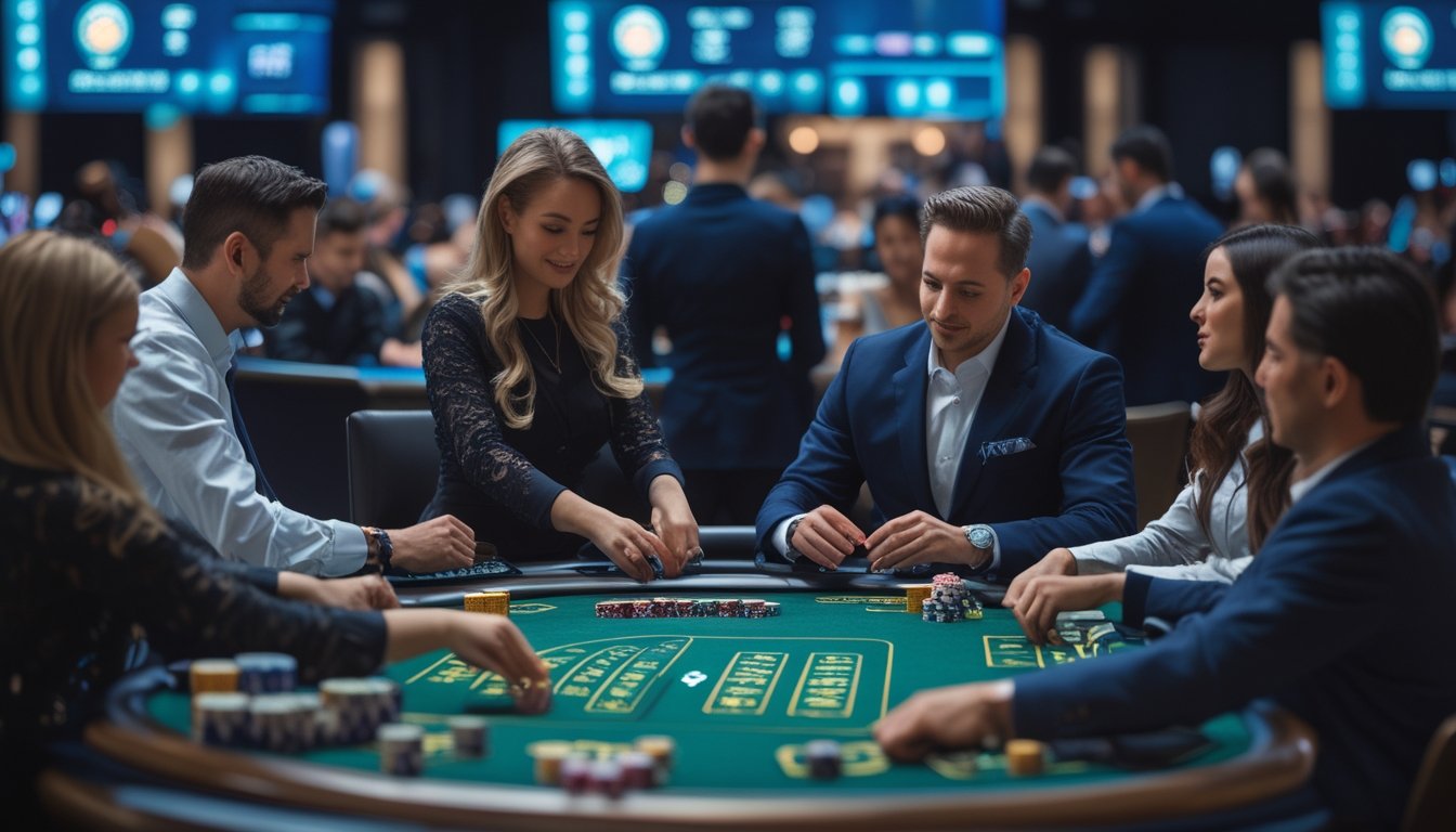 Suasana meja kasino modern dengan dealer dan pemain yang sedang bermain Casino Hold’em.