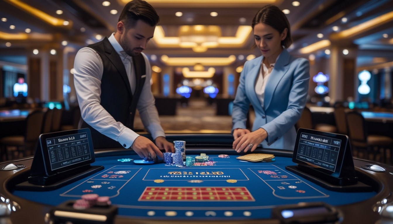 Seorang dealer dan pemain sedang bermain Casino Hold’em di meja kasino modern dengan suasana mewah dan pencahayaan hangat.