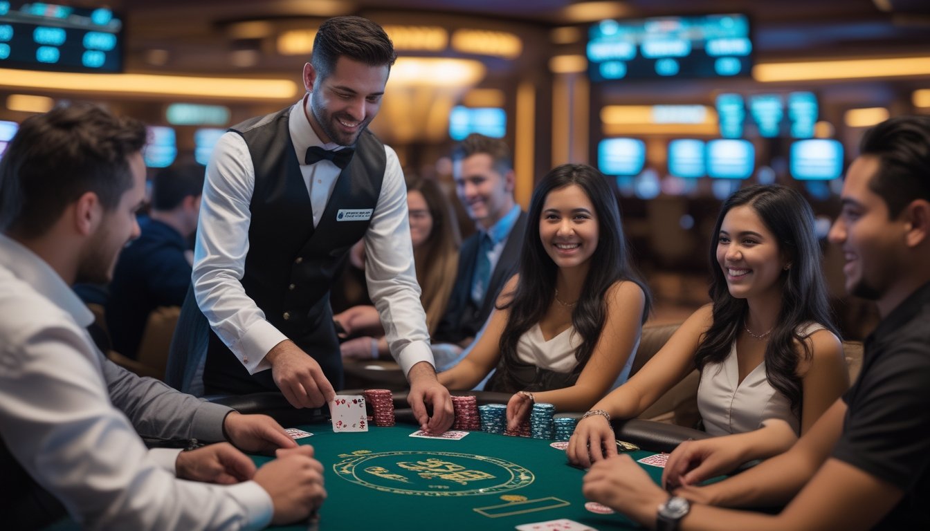 Seorang dealer di meja Casino Hold’em dengan pemain yang antusias di kasino mewah.