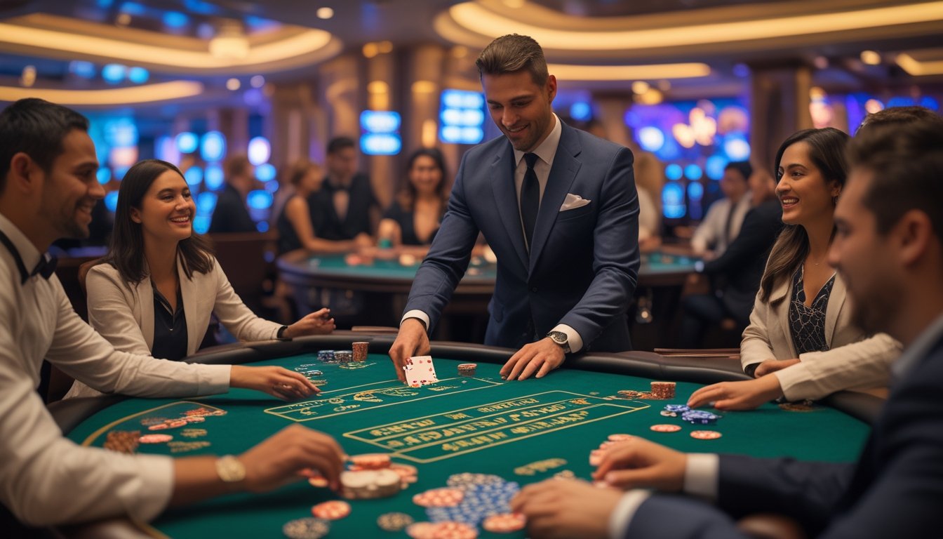 Seorang dealer dan beberapa pemain sedang bermain Casino Hold’em di meja kasino dengan suasana kasino yang ramai dan elegan.