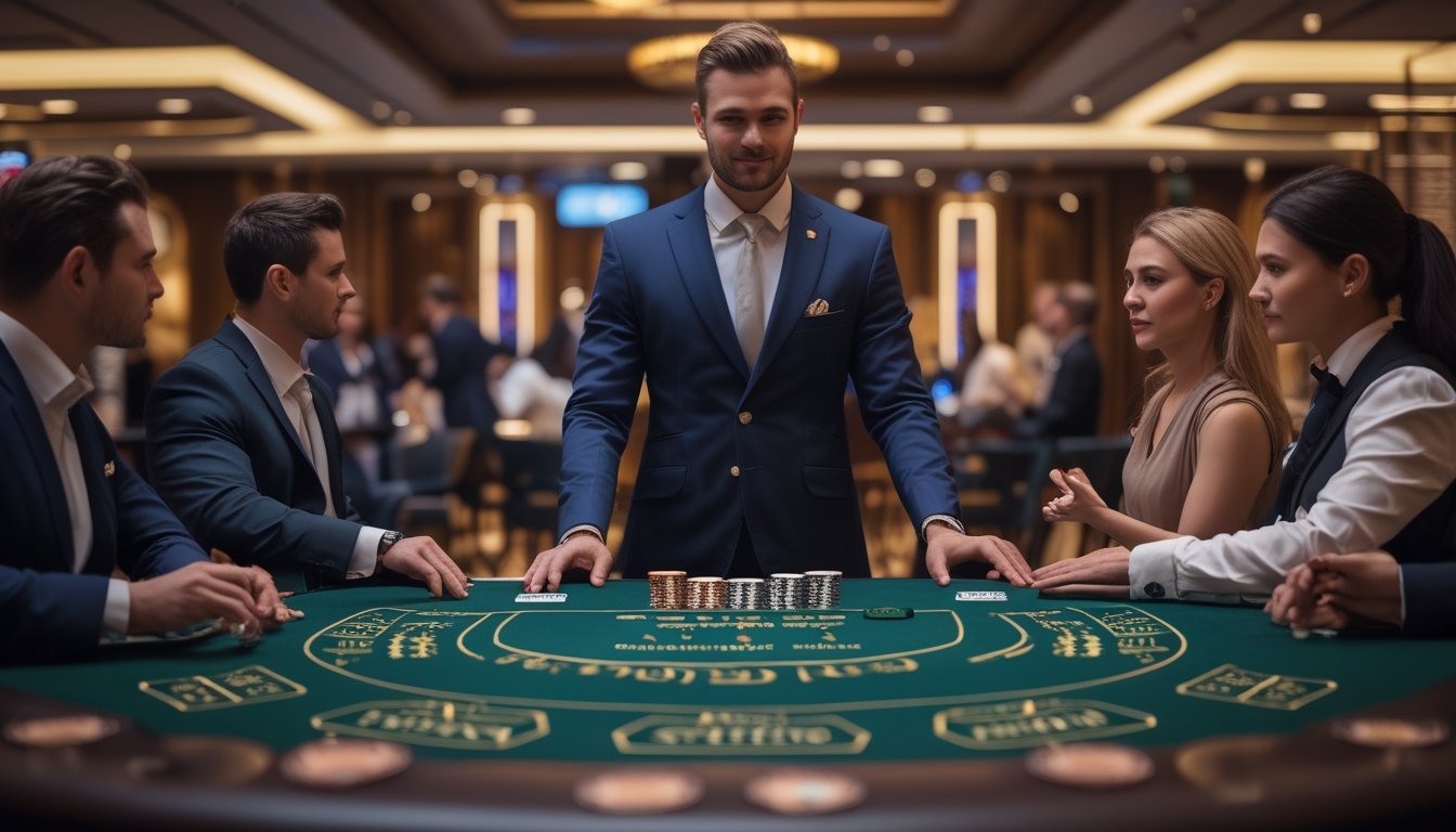 Seorang dealer di meja Casino Hold’em dengan pemain yang fokus di kasino mewah.