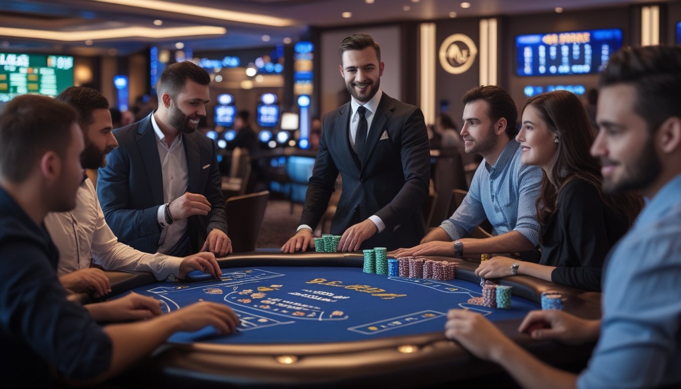 Seorang dealer dan beberapa pemain sedang bermain Casino Hold’em di meja kasino live dengan suasana yang elegan dan profesional.
