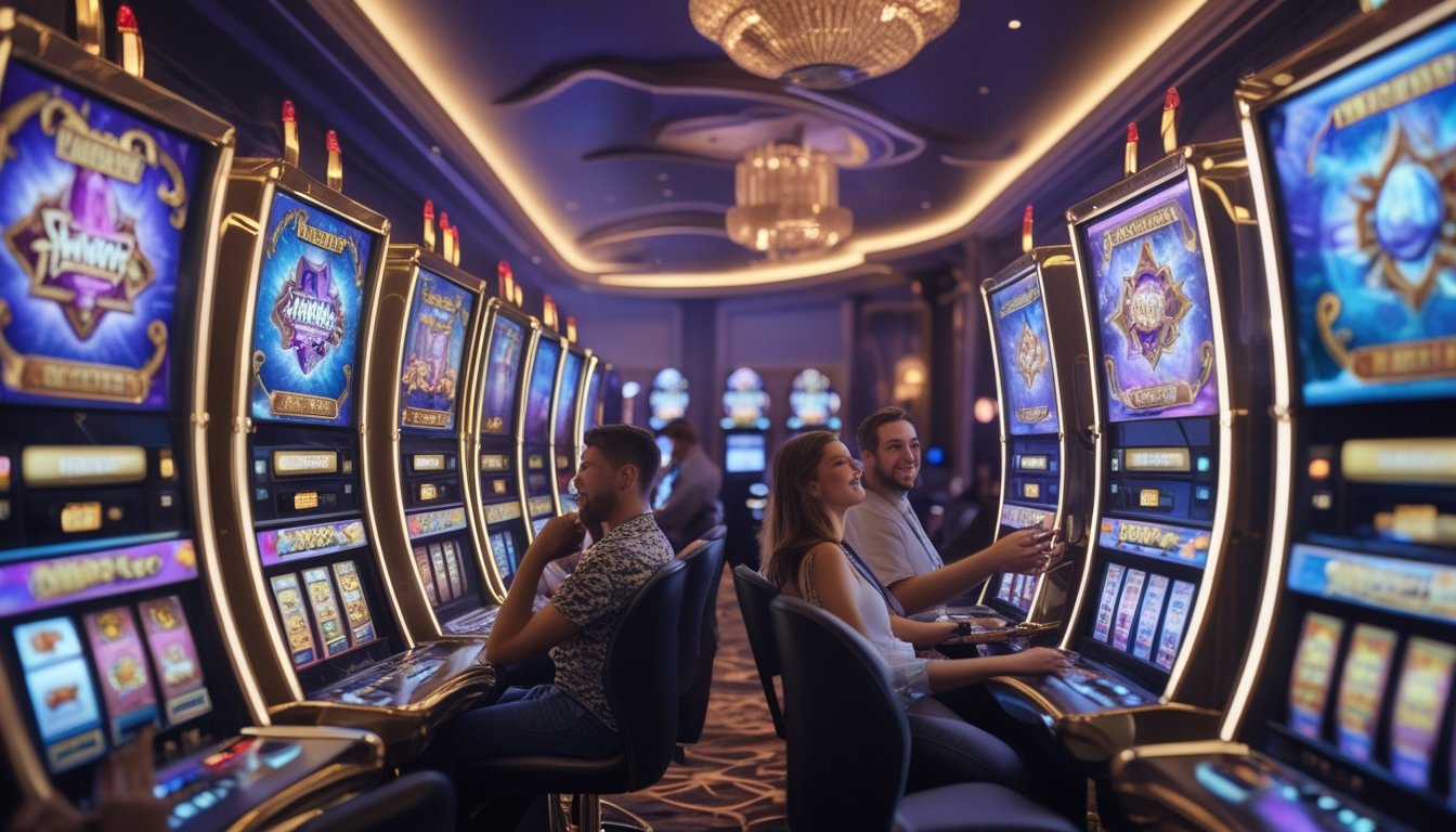 Suasana kasino modern dengan mesin slot klasik dan fantasi yang berwarna-warni, di mana beberapa pemain sedang menikmati permainan.