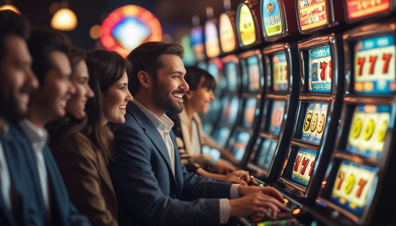 Beberapa orang bermain mesin slot klasik di dalam kasino dengan suasana yang ramai dan penuh warna.