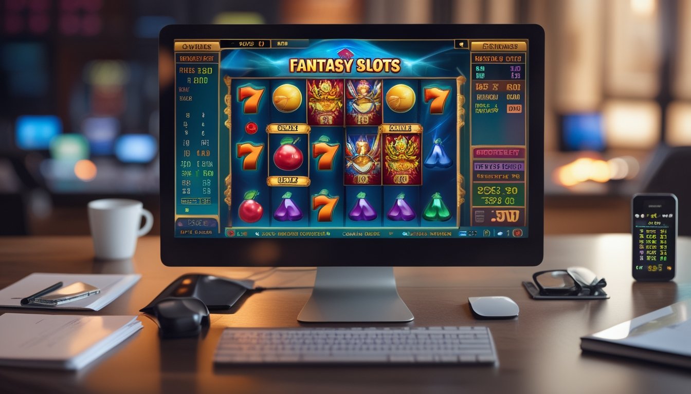 Sebuah ruang kerja modern dengan komputer menampilkan permainan slot fantasi dan beberapa dokumen serta ponsel di meja.