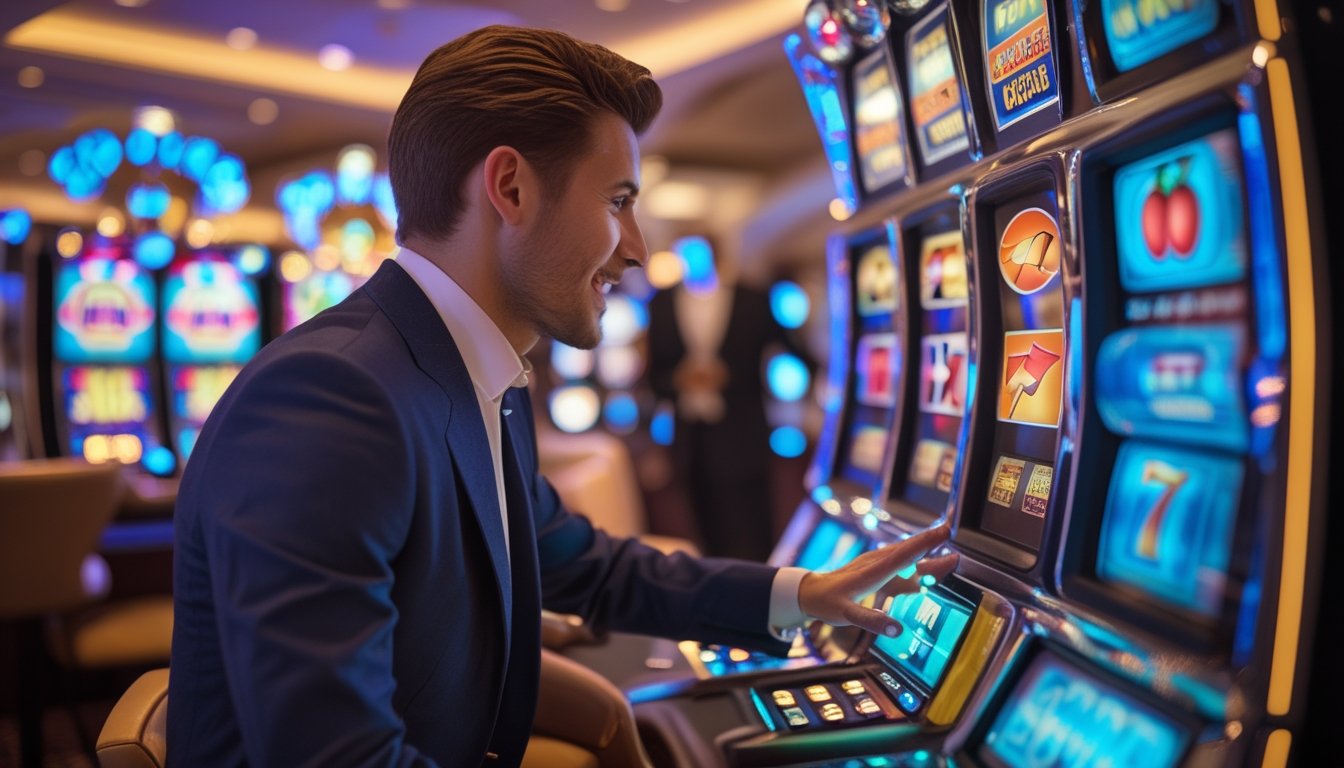 Seorang pemain yang percaya diri sedang bermain mesin slot klasik di dalam kasino modern dengan staf profesional yang membantu di dekatnya.