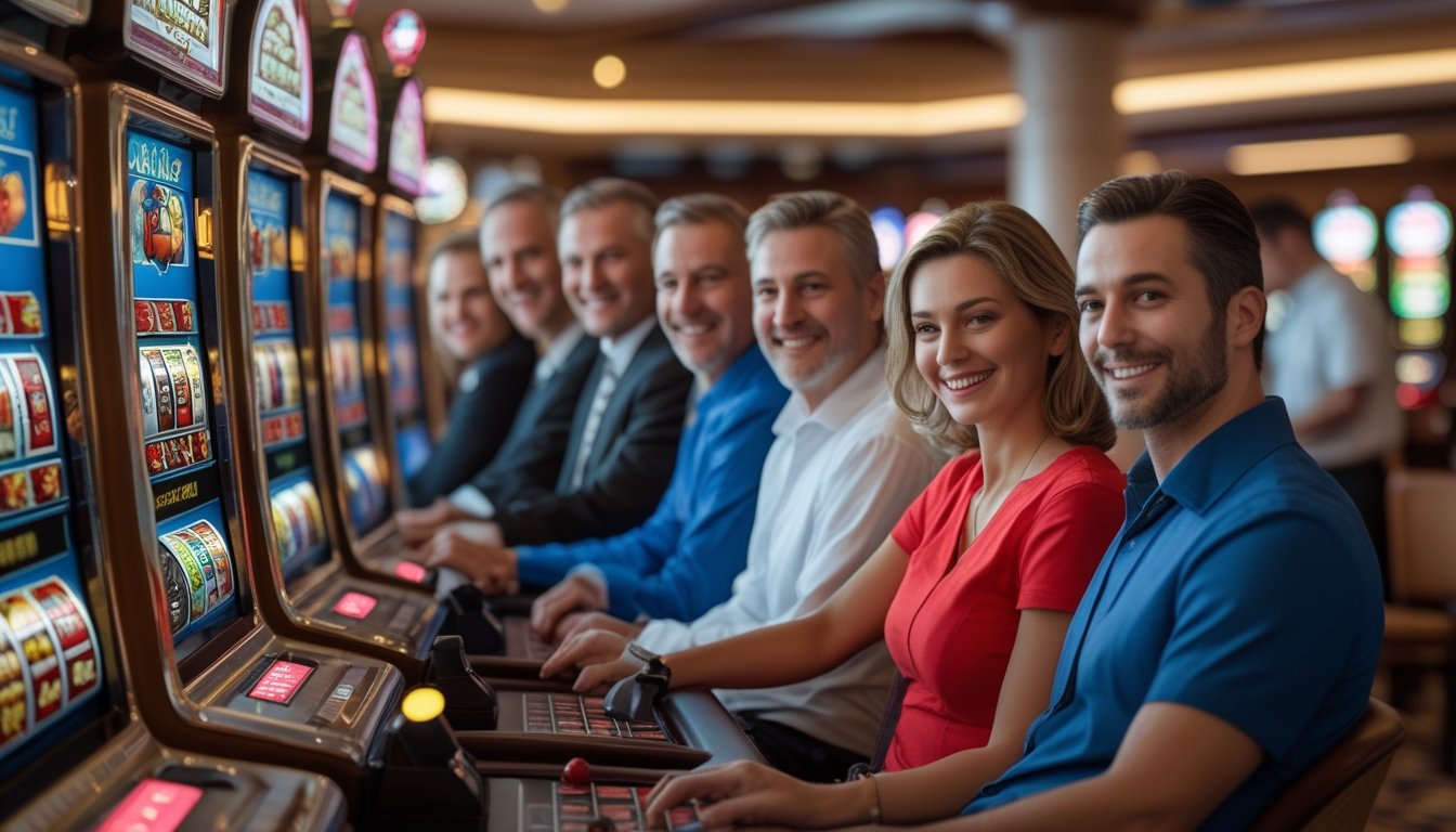 Orang-orang sedang bermain mesin slot klasik di dalam kasino yang terang dan profesional.