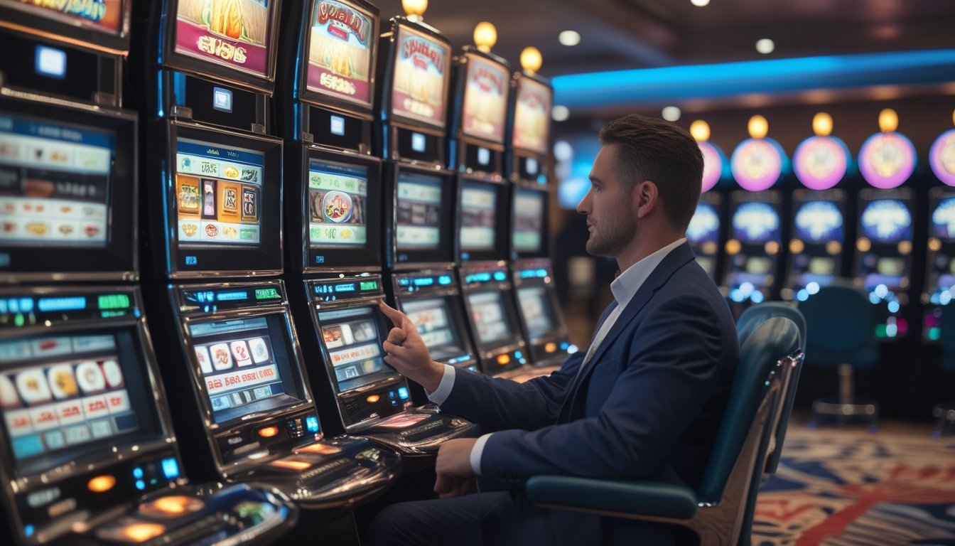 Seorang pria duduk santai di depan mesin slot klasik di dalam kasino yang terang dan rapi.