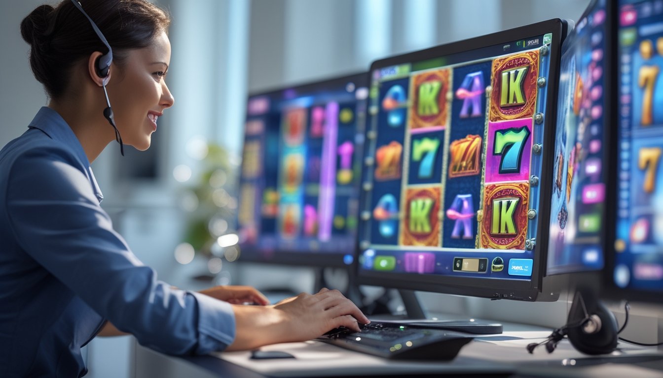 Seorang agen layanan pelanggan membantu klien di kantor modern dengan layar komputer menampilkan permainan slot fantasi, suasana tenang dan aman.