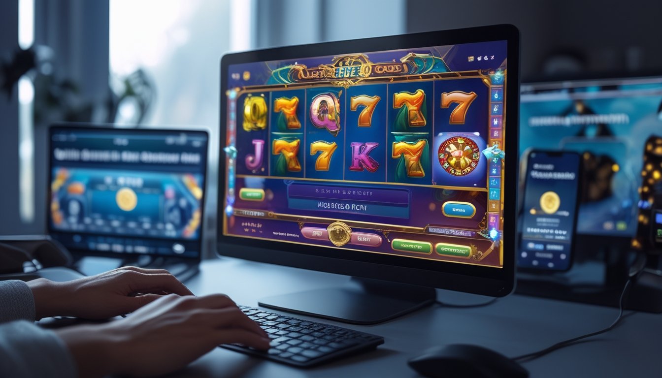 Seseorang bermain mesin slot klasik online di komputer dengan suasana ruangan yang modern dan terang.