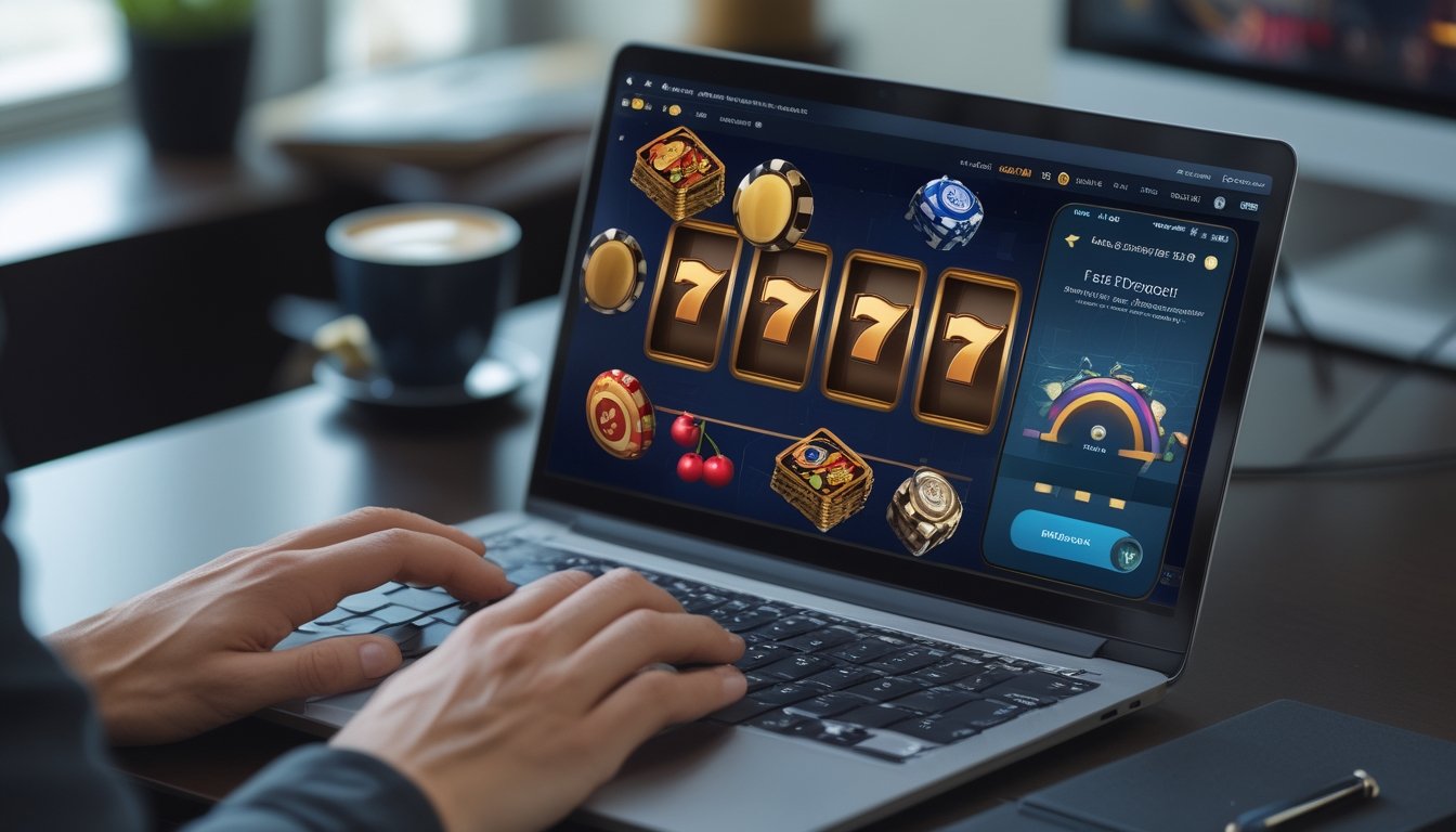 Seseorang menggunakan komputer dan ponsel untuk bermain slot klasik online dengan layar menampilkan permainan slot dan konfirmasi deposit cepat.