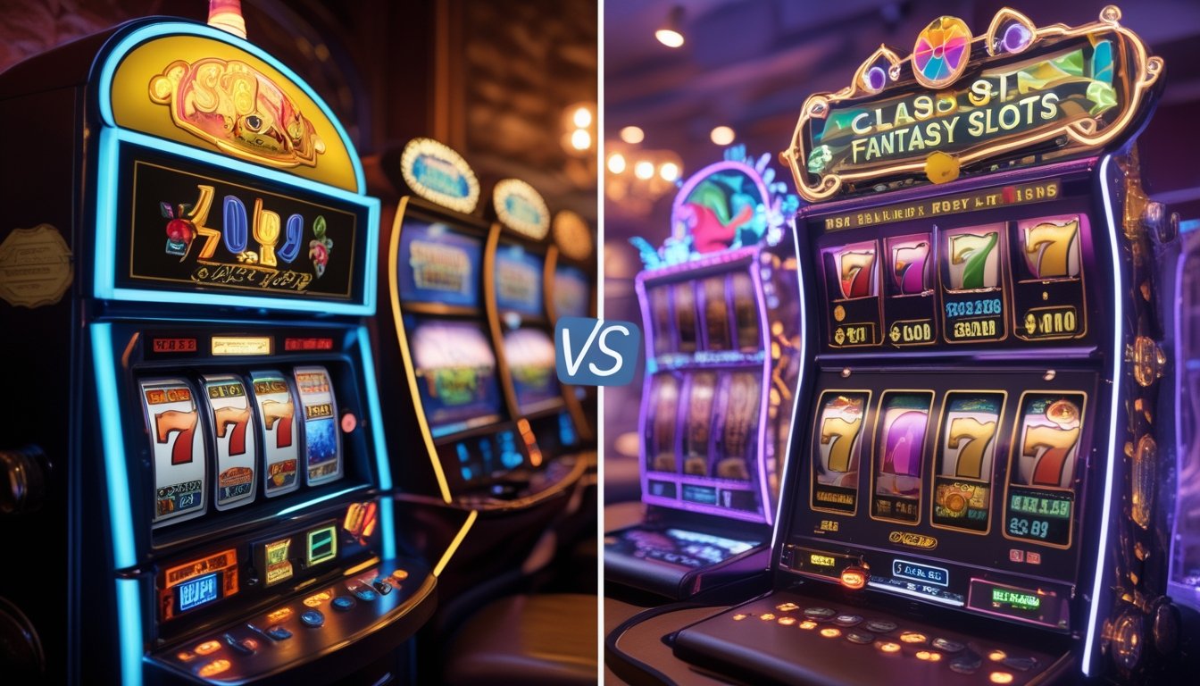Gambar mesin slot klasik di sisi kiri dengan simbol tradisional dan mesin slot bertema fantasi berwarna-warni di sisi kanan, menunjukkan perbedaan antara kedua jenis mesin slot.