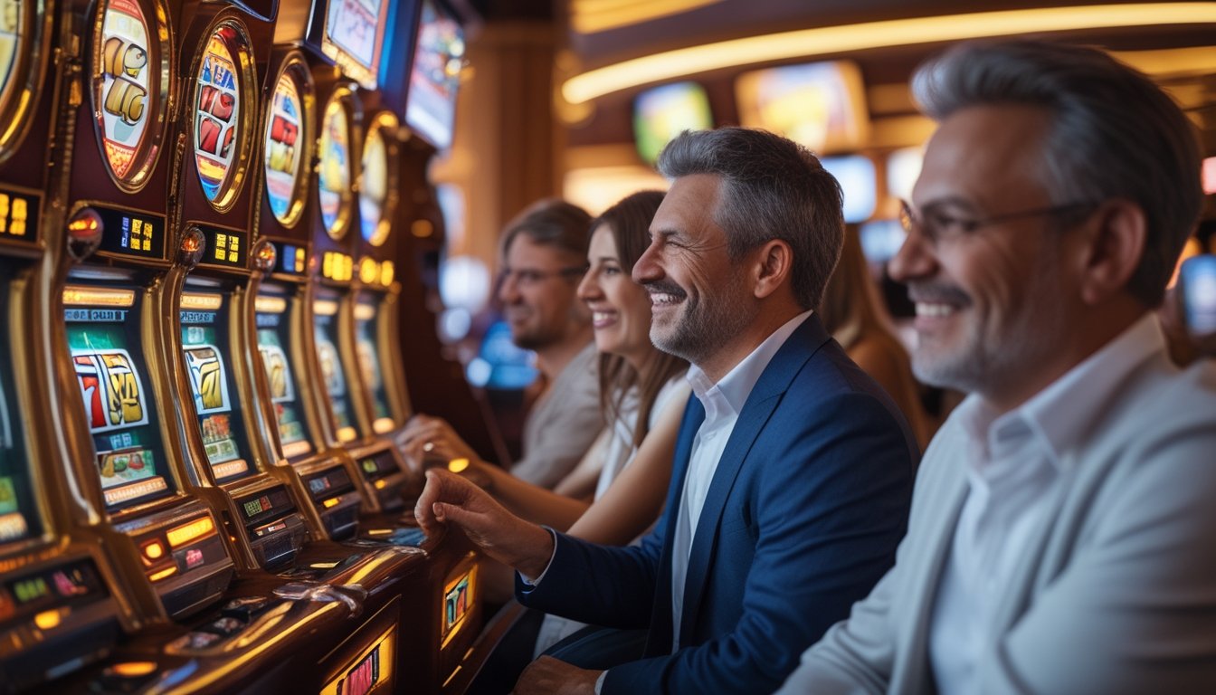 Orang-orang bermain mesin slot klasik di kasino dengan suasana hangat dan penuh semangat.