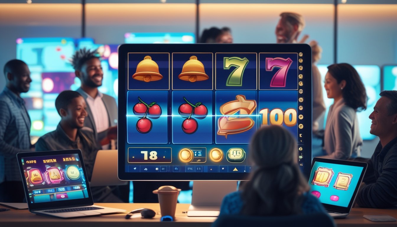 Beberapa orang dewasa bermain permainan slot online dengan antarmuka digital yang menampilkan simbol mesin slot klasik di layar berwarna cerah.