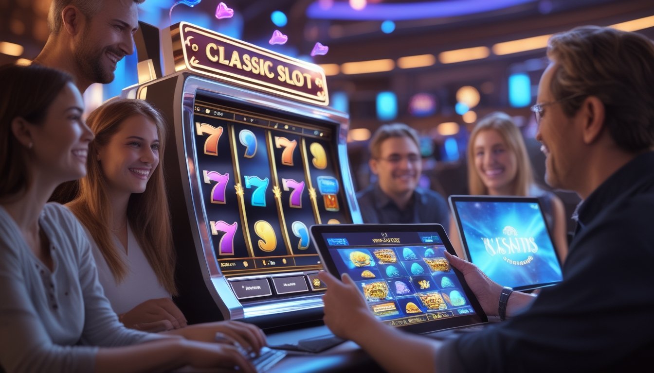 Beberapa orang dewasa bermain mesin slot klasik dengan latar belakang suasana kasino modern bertema fantasi.