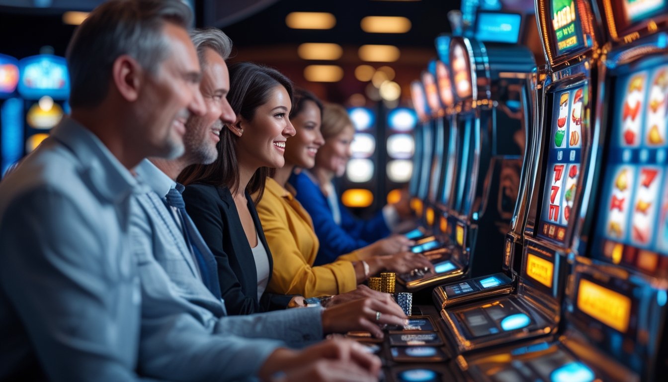 Beberapa orang dewasa bermain mesin slot klasik di kasino modern dengan suasana yang cerah dan menyenangkan.