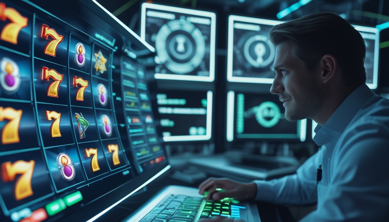 Seorang ahli keamanan siber memantau layar komputer dengan grafik mesin slot klasik dan fantasi di latar belakang, menunjukkan sistem keamanan data yang andal.