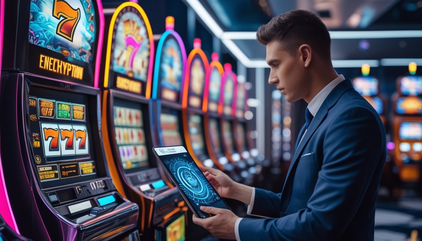 Seorang agen kasino profesional berdiri di depan mesin slot klasik dan mesin slot bertema fantasi dengan latar belakang ruangan kontrol keamanan data.