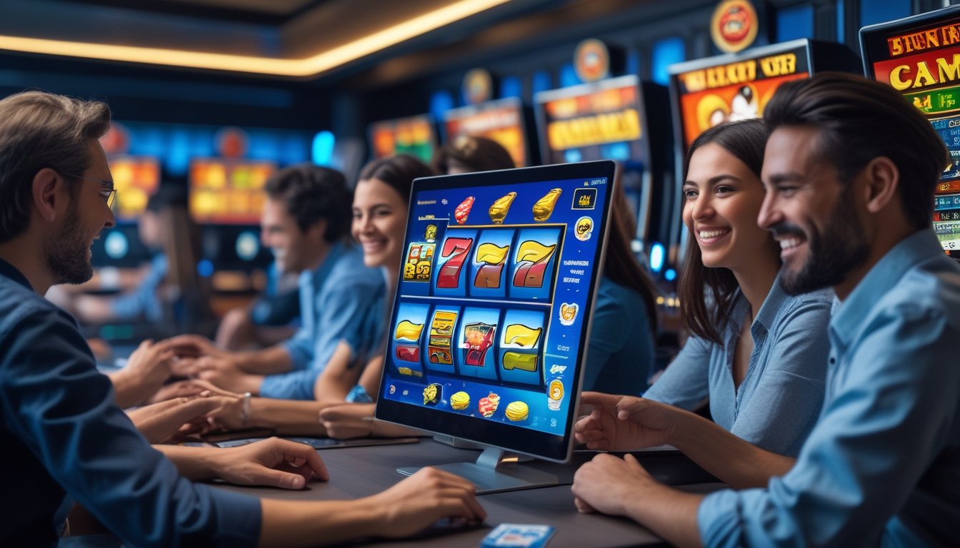 Beberapa orang dewasa bermain permainan slot klasik secara online di komputer dan tablet di sebuah ruangan yang nyaman dan terang.
