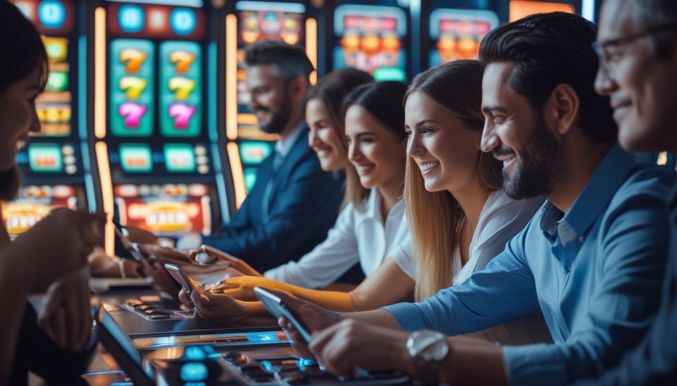 Beberapa orang dewasa bermain mesin slot klasik secara online dengan perangkat digital di lingkungan permainan modern yang cerah dan penuh warna.