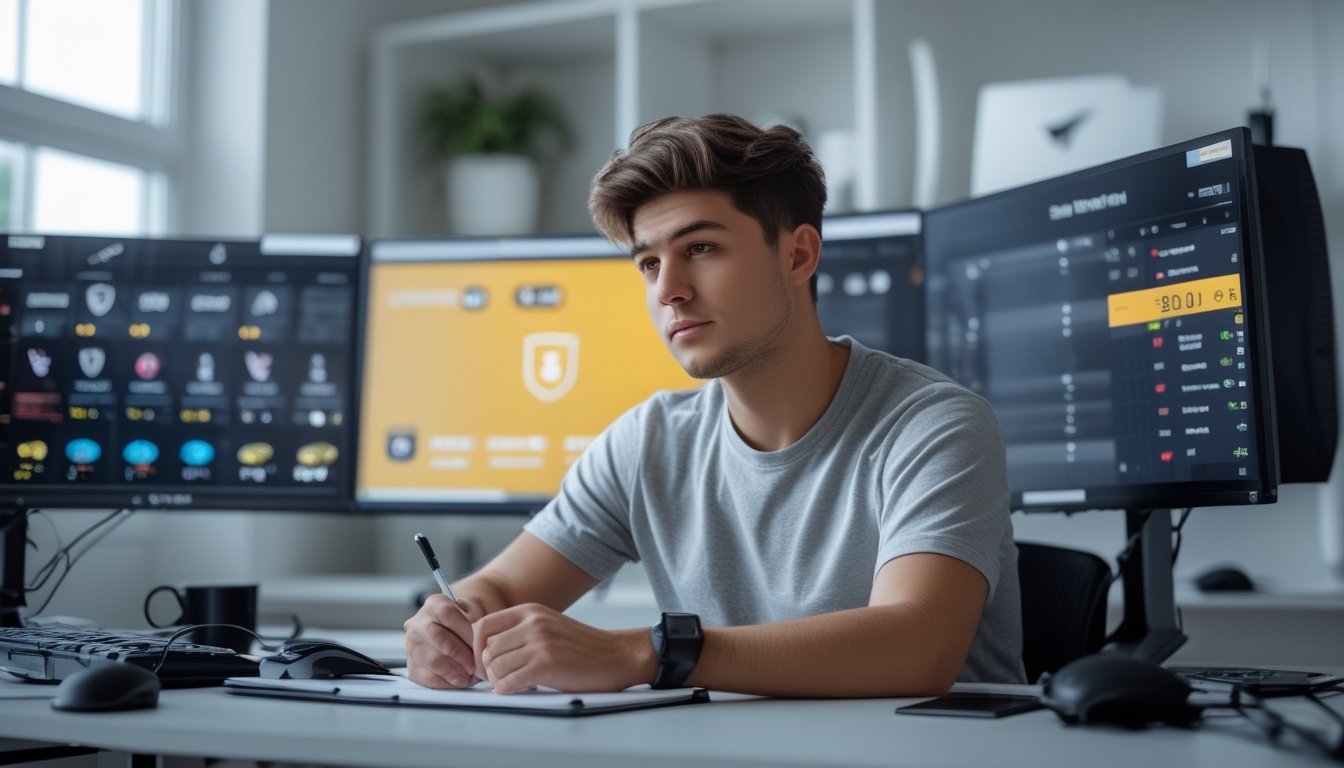 Seseorang duduk di meja dengan beberapa monitor komputer menampilkan permainan esports dan informasi taruhan, sedang mencatat dengan fokus di ruang kerja yang rapi.