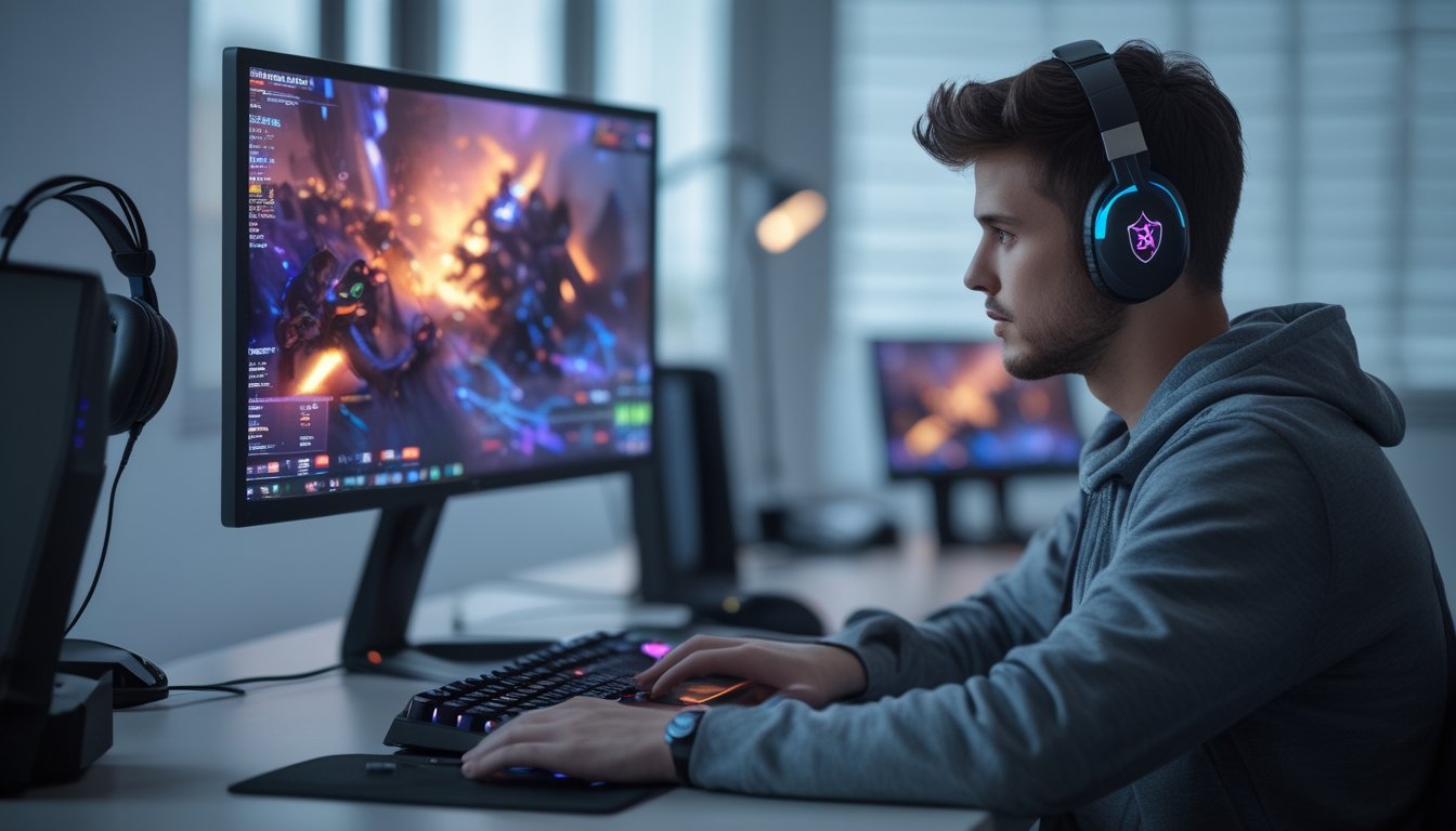 Seorang pria muda duduk di depan komputer dengan tampilan permainan esports di layar, di ruang kerja yang rapi dan terang.