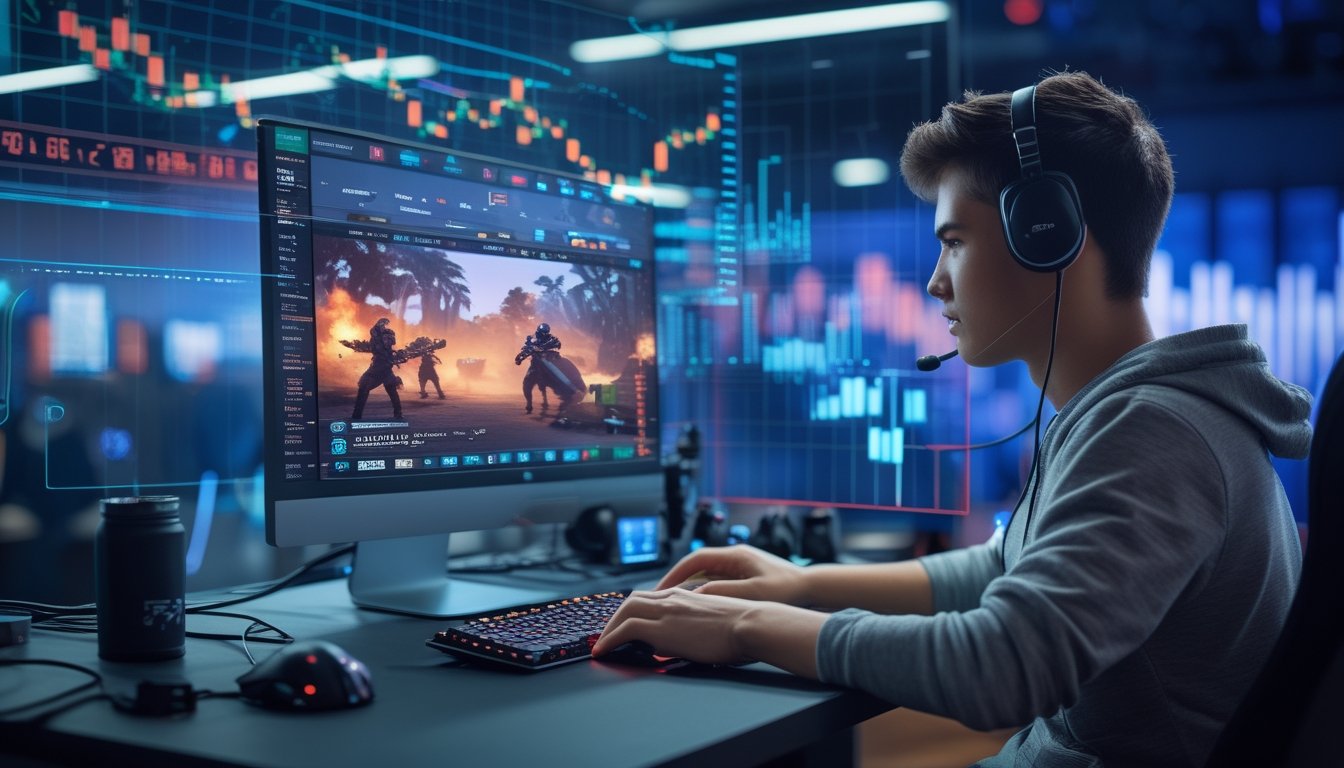 Seorang dewasa muda duduk di depan komputer dengan layar permainan esports dan data taruhan digital di sekitarnya.