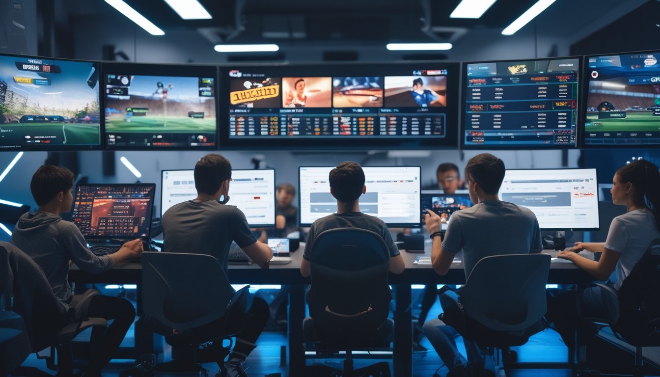 Sekelompok orang muda sedang menggunakan komputer dan ponsel untuk bertaruh pada pertandingan esports di sebuah ruangan modern.