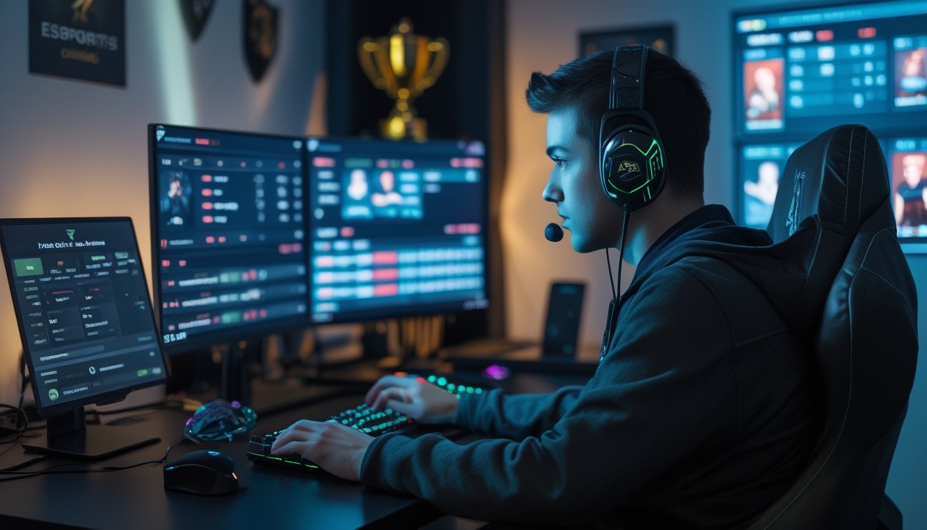 Seorang pria muda duduk di meja gaming dengan beberapa layar menampilkan pertandingan esports dan peluang taruhan, tampak fokus dan terkendali.
