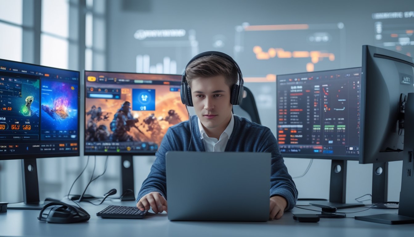 Seorang pria muda fokus menggunakan komputer dan ponsel di meja dengan layar menampilkan permainan esports dan data taruhan.