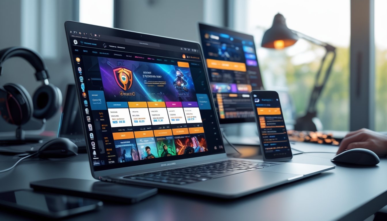 Meja kerja modern dengan beberapa perangkat digital yang menampilkan situs taruhan esports dan fitur-fiturnya.